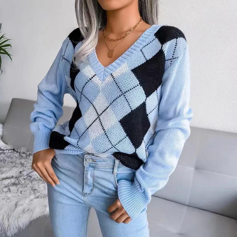 

Women's Sweater Tops Autumn Winter Long Sve Polyester Cotton Blend Thiened Coat Ladies irt Regular Fit Diamond Pattern