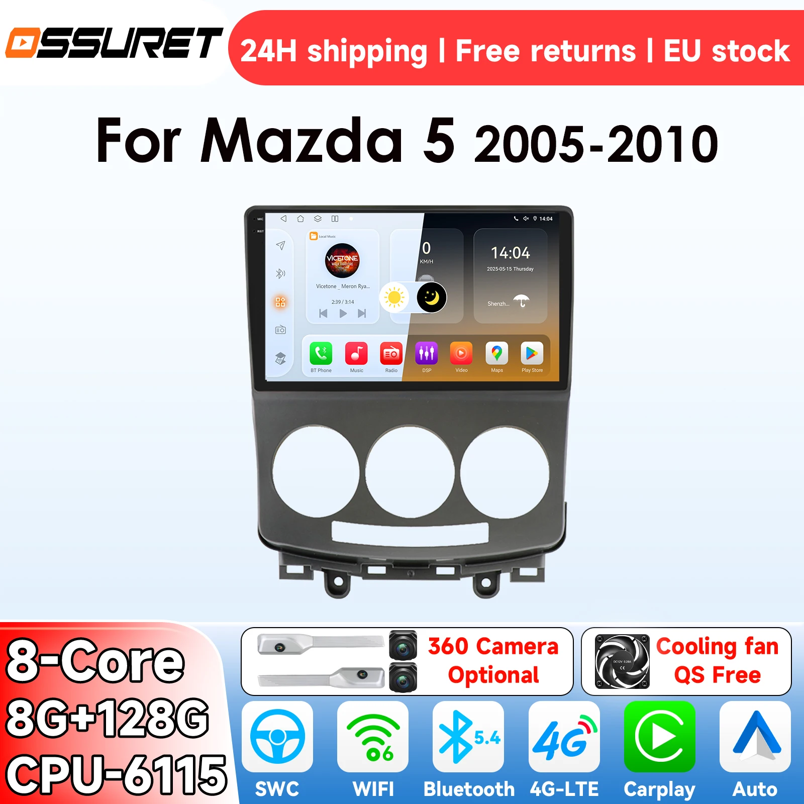 OSSURET AI Android 14 Autoradio per MAZDA 5 2005-2010 Smart CarPlay Lettore Multimediale Video per Auto 4G 6115 GPS
