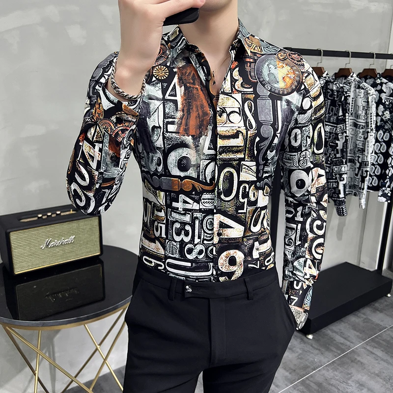 Vintage Street Graffiti Printing Shirts For Men Long Sleeved Slim Fit Korean Fashion Men Shirt Party Club Social Tops Hombre 6XL