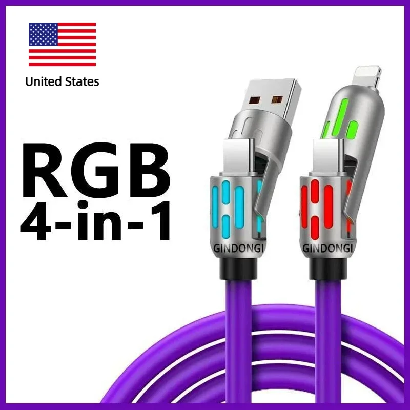 4-in-1 Multi USB Charging Cable (USB A/Type C/Lightning) - 240W Max Fast Charg, Breathing Light for Mobile Phones/Tablets