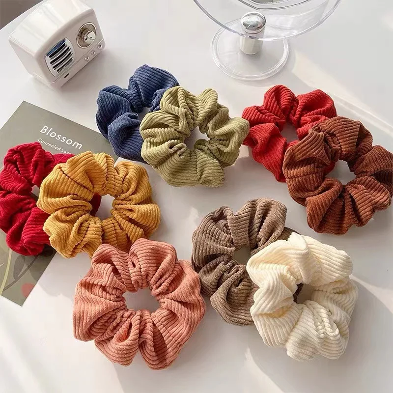 Solid Color Corduroy Stripe Hair Scrunchie Elastic Hair Bands Korean Hair Accessories For Women Girls Ponytail Headwear