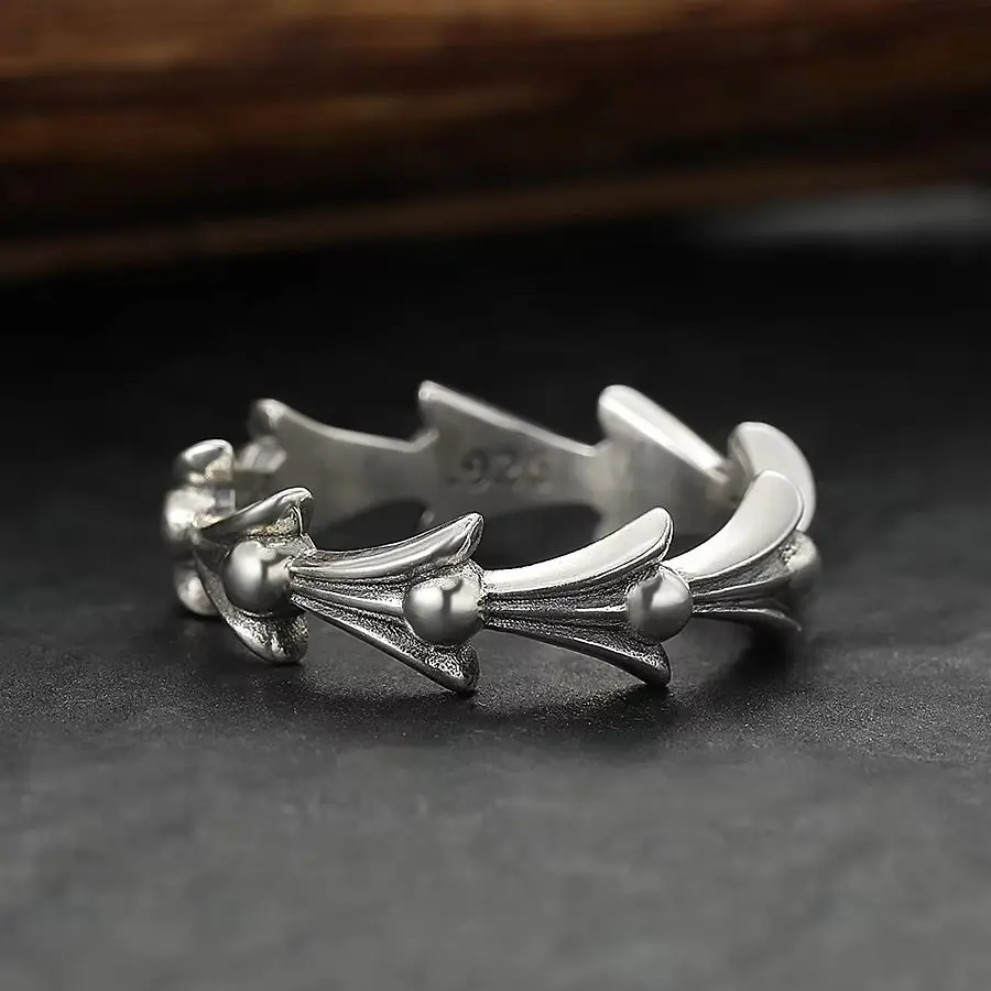 925 sterling silver distressed Fishbone Ring personalized minority cross flower-de-Luce ring all-match index finger ring