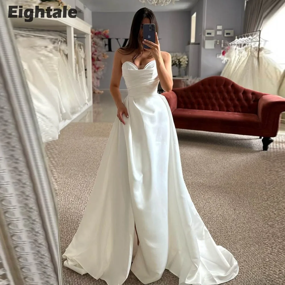 

Eightale Vintage Wedding Dress Satin Customized Strapless White Ivory Side Slit Mermaid Bridal Gown Vestido De Noiva