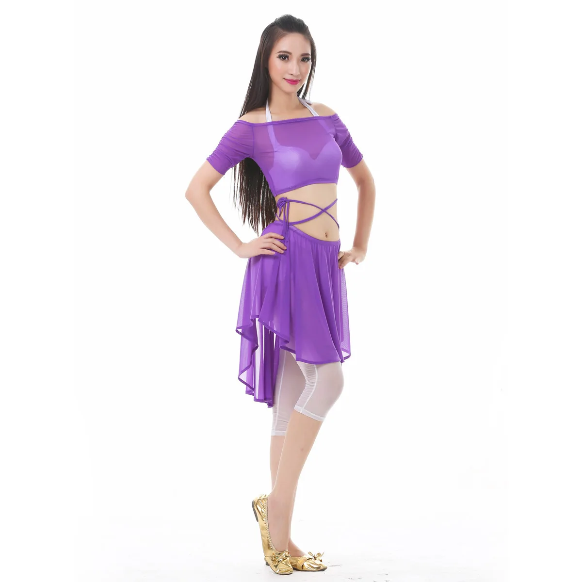 Gaze d'eau épaule plate haut demi-jupe Costume Costume de danse du ventre robe de danse du ventre une pièce Costume de spectacle sur scène