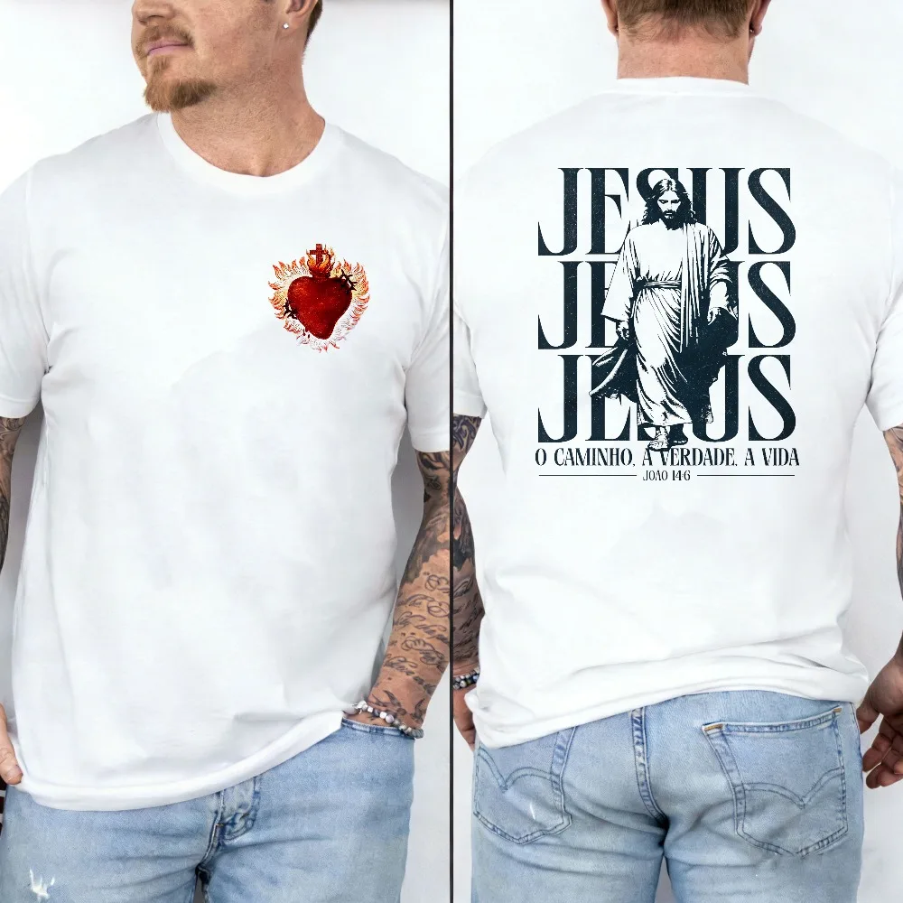 Triple Stack JESUS Letter Portuguese Slogan Back Print Crew Neck T Shirt Retro Washed Religious Short Sleeve Cotton Streetwear