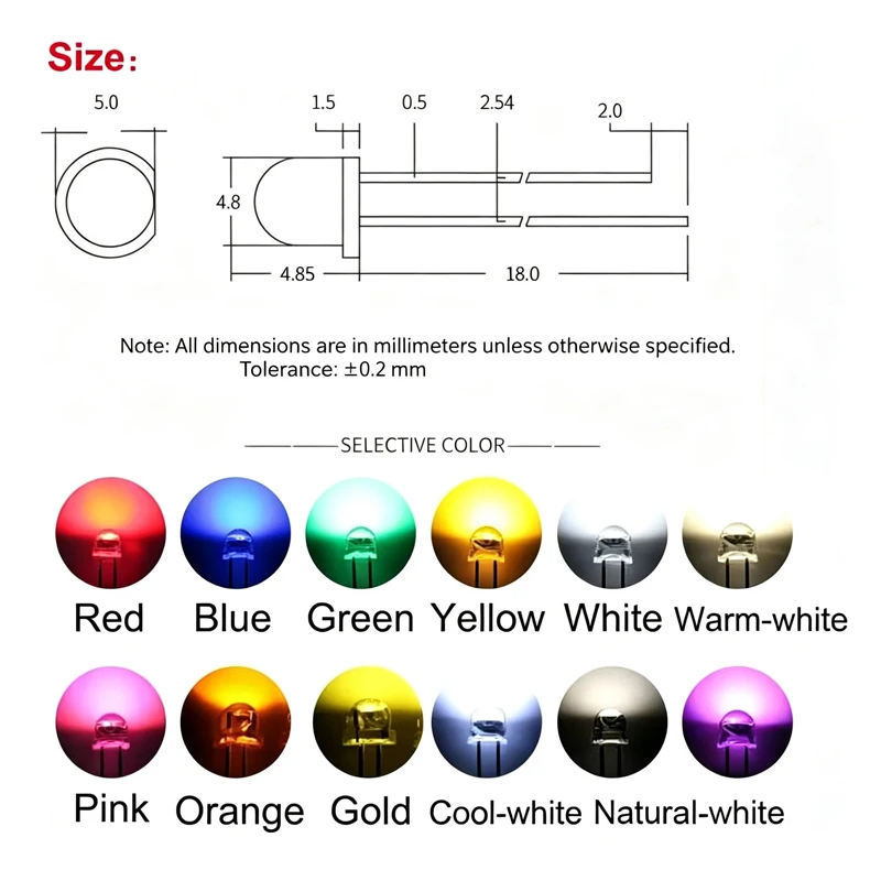 50PCS 5mm Straw Hat LED Diode Super Bright White 0.3W 0.5W 0.75W F5 Power 0.5W Light Emitting Diode Red Yellow Green Blue Warm