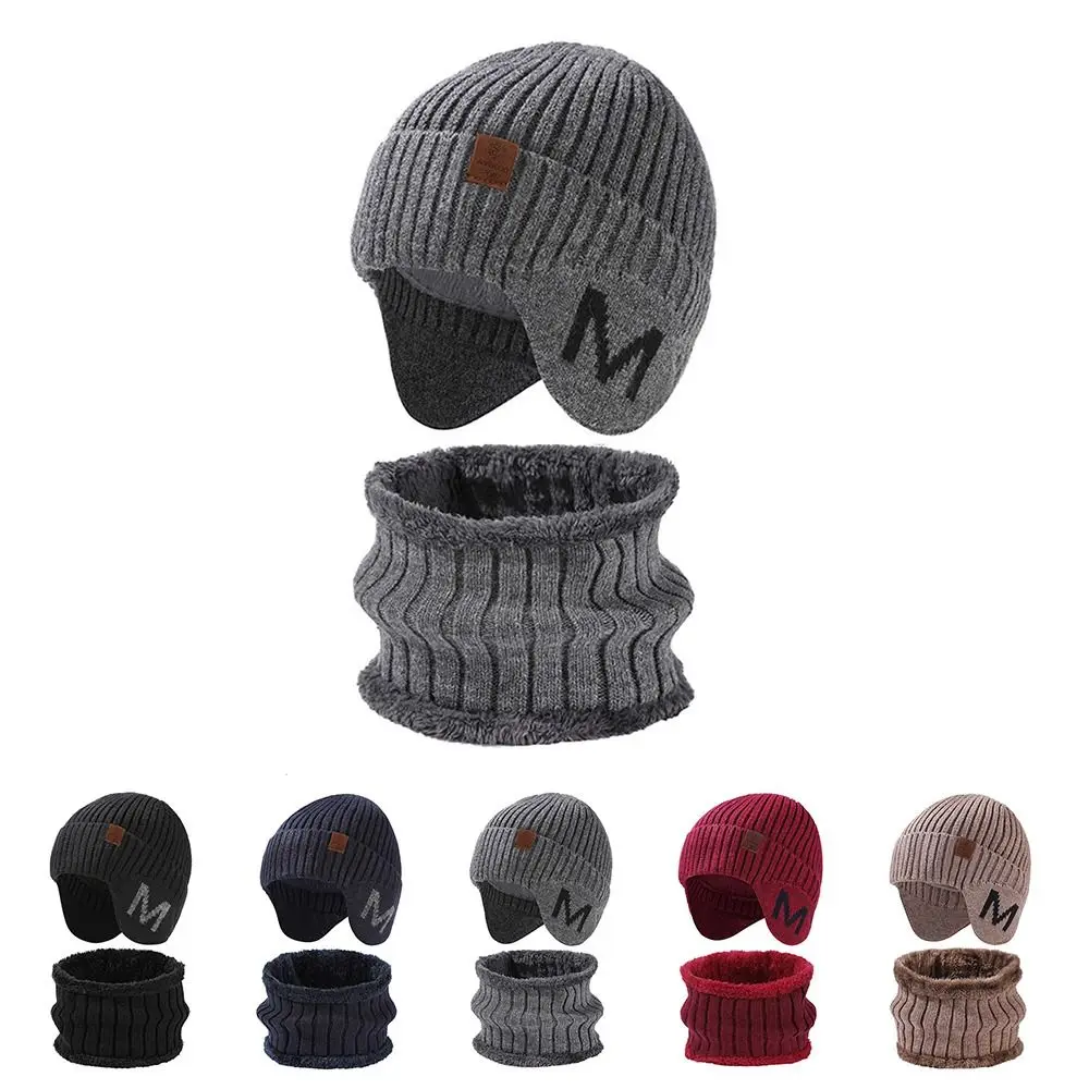 Gorro de invierno de punto Unisex, bufanda forrada de lana, calentador de cuello grueso, gorro de calavera cálido con protección para los oídos para hombres y mujeres