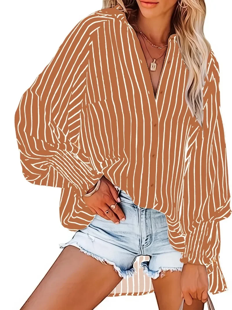 Plus Size 1XL-5XL Casual Blouse Women\'s Striped Print Lantern Sleeve Button Up Lapel Collar Slight Stretch Shirt