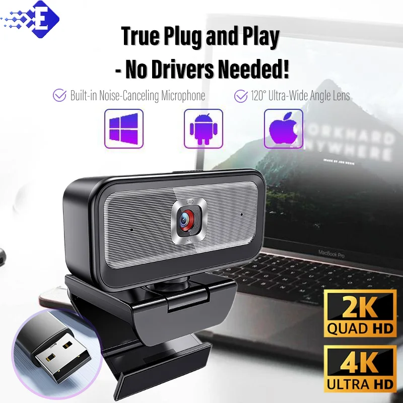 

Веб-камера 2K Full HD 4K Веб-камера с автофокусом и микрофоном USB Веб-камера для ПК Компьютер Mac Ноутбук Настольный YouTube Веб-камера