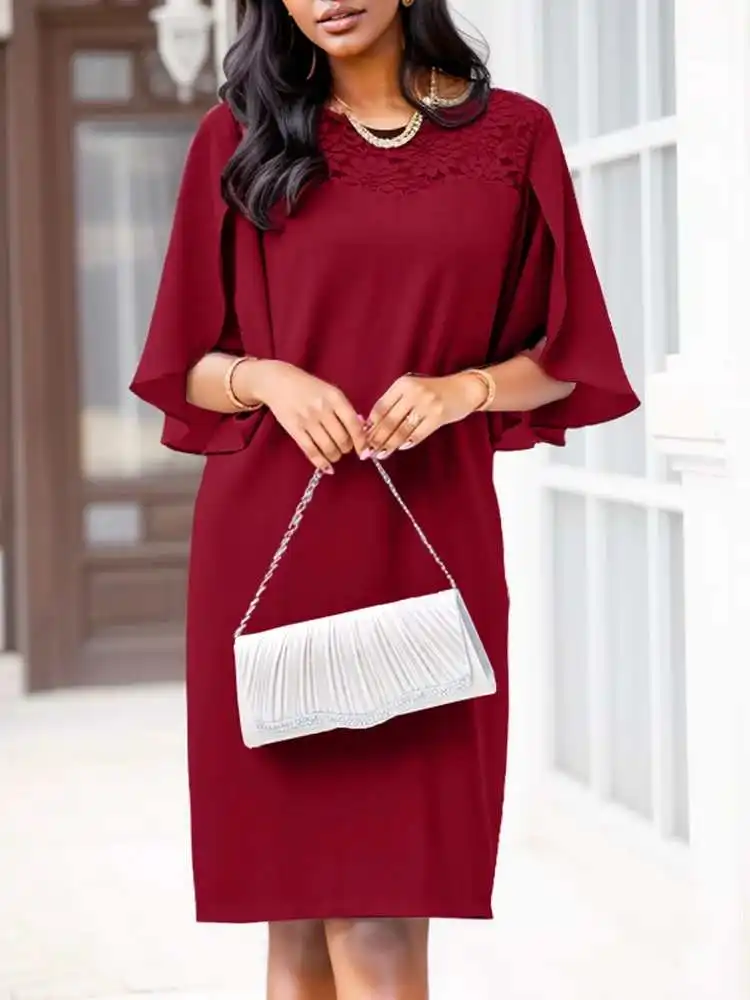 

ZANZEA Elegant Women Chiffon Dresses Lace Stitching Dress 2024 Summer Fashion Ruffled Half Sleeve Sundress Knee-length Vestidos