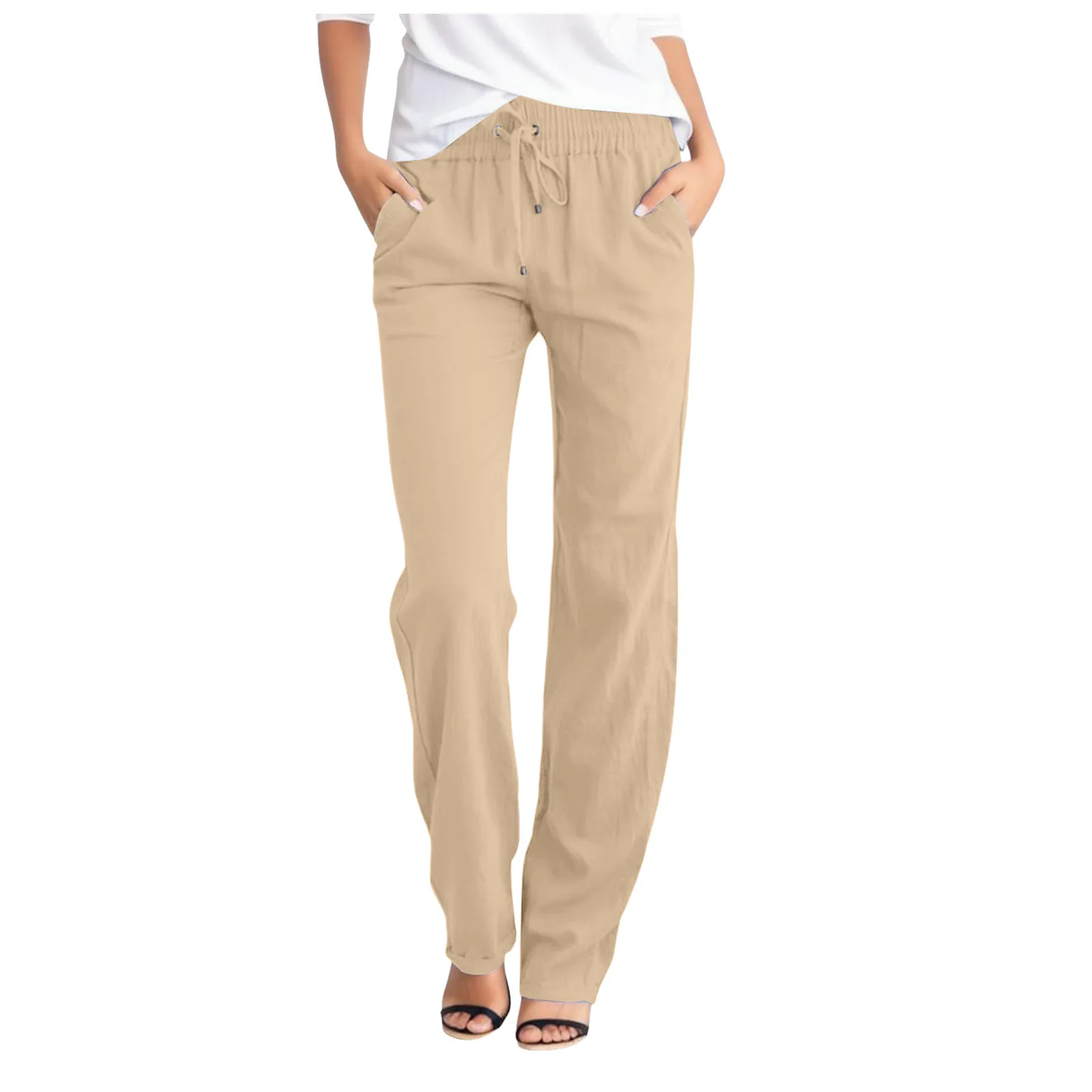 Lässige, lockere Damenhose mit Kordelzug, geradem Bein, reine Farbe, lange Hose, Vintage-Stil, Schlankheitseffekt