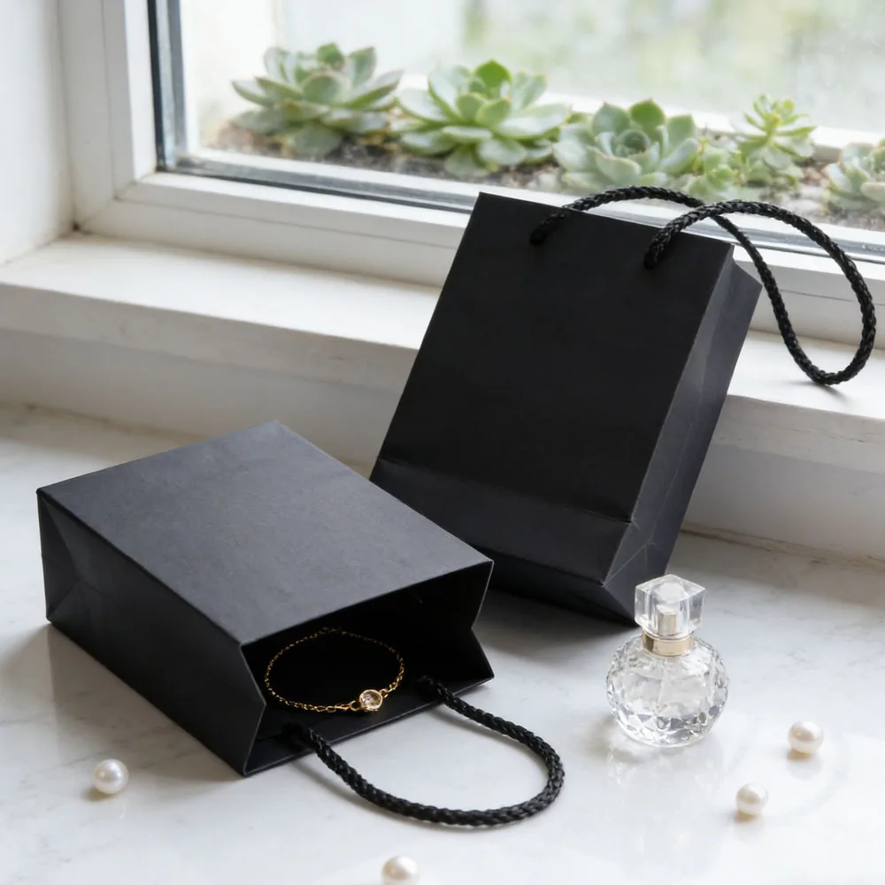 

12x5.7x16cm Black Cardboard Paper Gift Tote Bags with String for Wedding Shopping Clothing Packaging Small Business Bolsa Papel