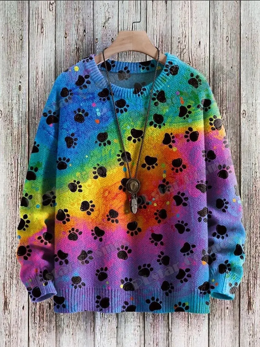 Men's Winter Sweater Rainbow Bear Claw Art 3D Printing Ugly Sweater Neutral Street Casual Round Neck Knitted Sweater K0197