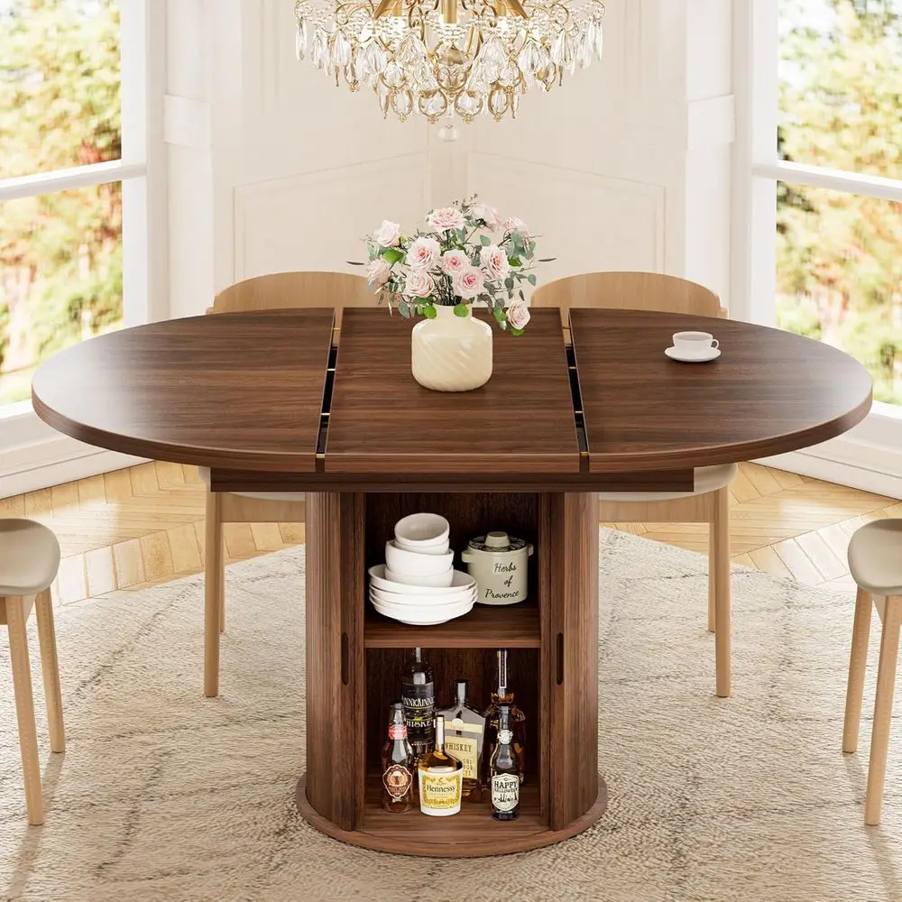 

40-55 Inch Walnut Expandable Round Dining Table with Storage for 4-6 People