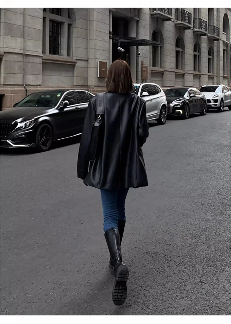 Lautaro Autumn Black Brown Soft  Pu Leather Blazer Women Shoulder Pads Long Sleeve Single Breasted Loose Casual Korean Fashion