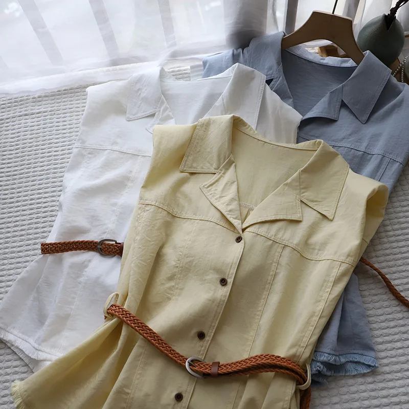 

Korean Style Sleeveles Shirt for Women Summer Temperament Single Breasted Raw Edge Shirts Versatile Women's Tops 2025 New