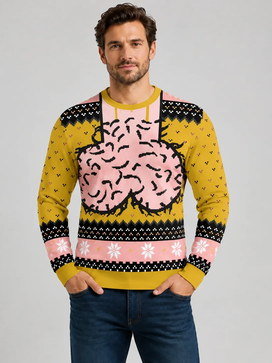 2026 Nieuwe stijl, lelijke kerststijl, heren- en dames-T-shirt met lange mouwen en verenprint, sportief casual T-shirt met ronde hals
