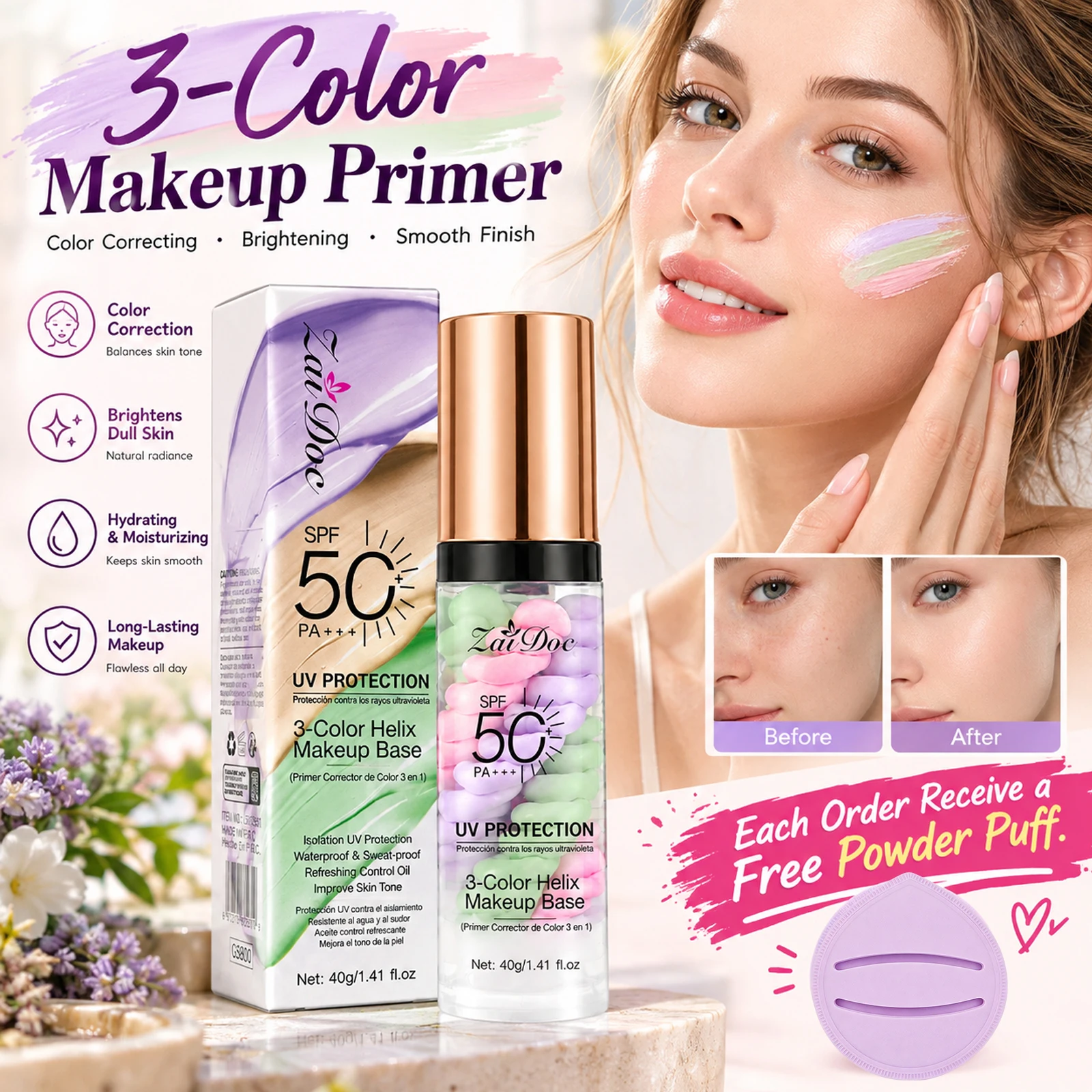 ZaiDoc 2/4 Pcs 3-in-1 Color Correcting Primer SPF 50+ PA++++ 40g Ea. Sunscreen Makeup Base Green Purple Peach Neutralize Redness Brighten Dullness Hydrating Long Lasting Oil Control Face Primer for All Skin Types