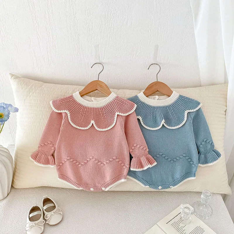 MILANCEL New Autumn Baby Knit Bodysuit Toddler Girls Cute Lotus Leaf Collar Pullover Infant Outwear One Piece