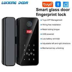 Tuya APP Glass Door Fingerprint Lock Bluetooth Smart Biometric Electronic Door Lock 13.56Mhz RFID Remote Control Keyless Unlock