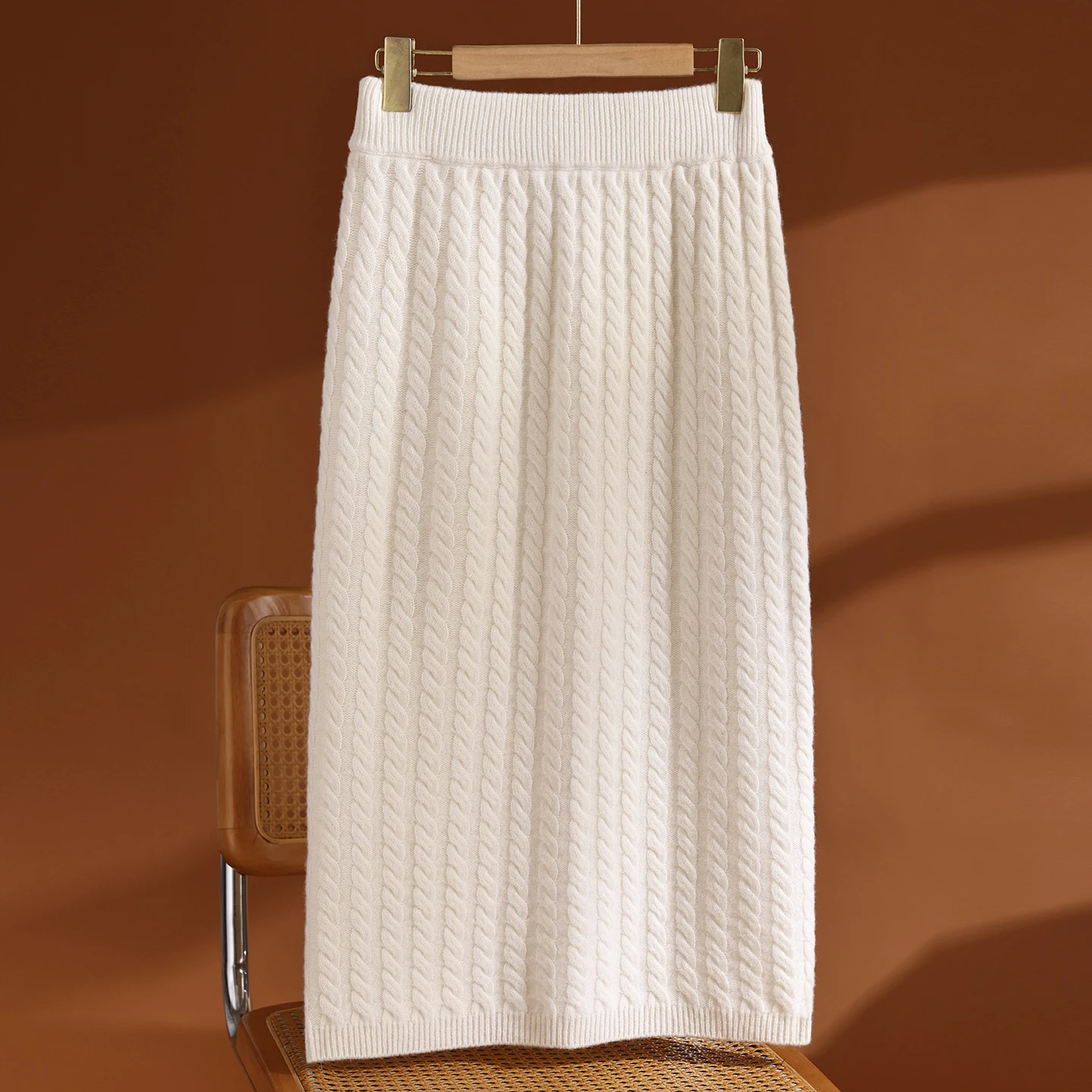 Women 100% Merino Wool Cable Knit Midi Straight Skirt, High Waist Elastic Ribbed Waistband, Solid Good Stretch Clothing Knitted