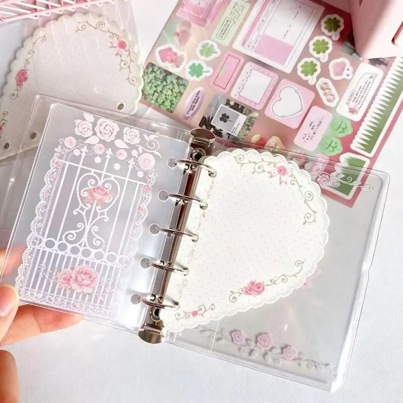 New PVC M5 Pocket Notebook With Elastic Band 5 Hole Loose Leaf Notebook Romantic Vine Rose Print DIY Scrapbook Journal