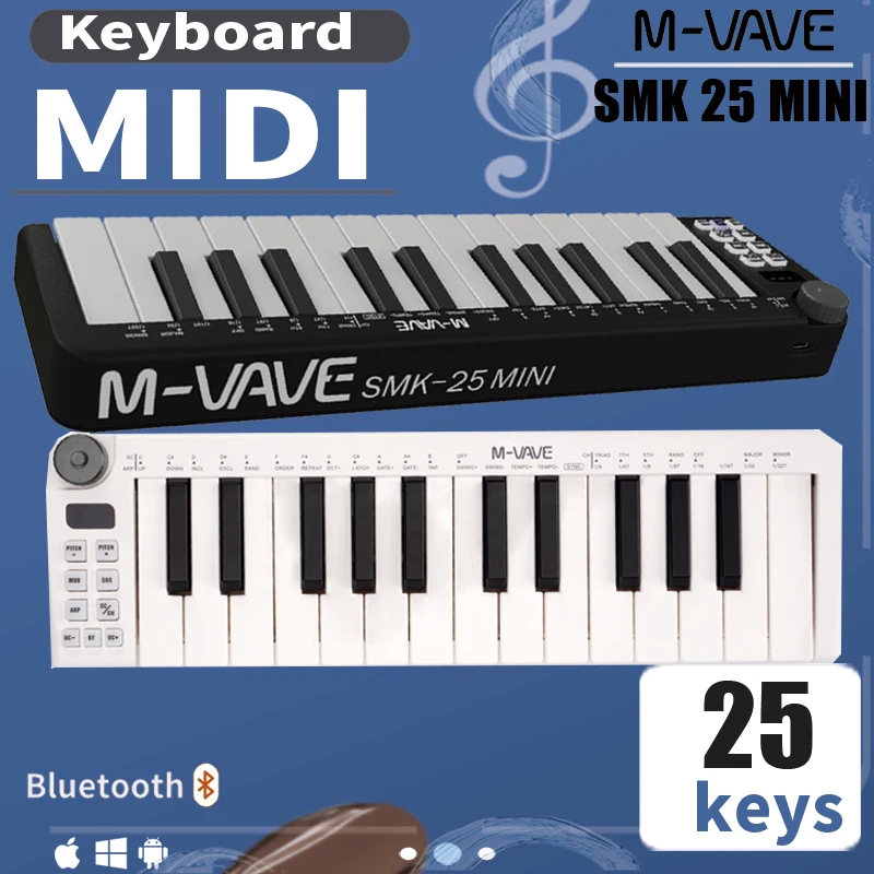 M-VAVE SMK-25mini MIDI Keyboard Rechargeable 25-Key MIDI Control Keyboard instrument Mini Portable USB Keyboard MIDI Controller