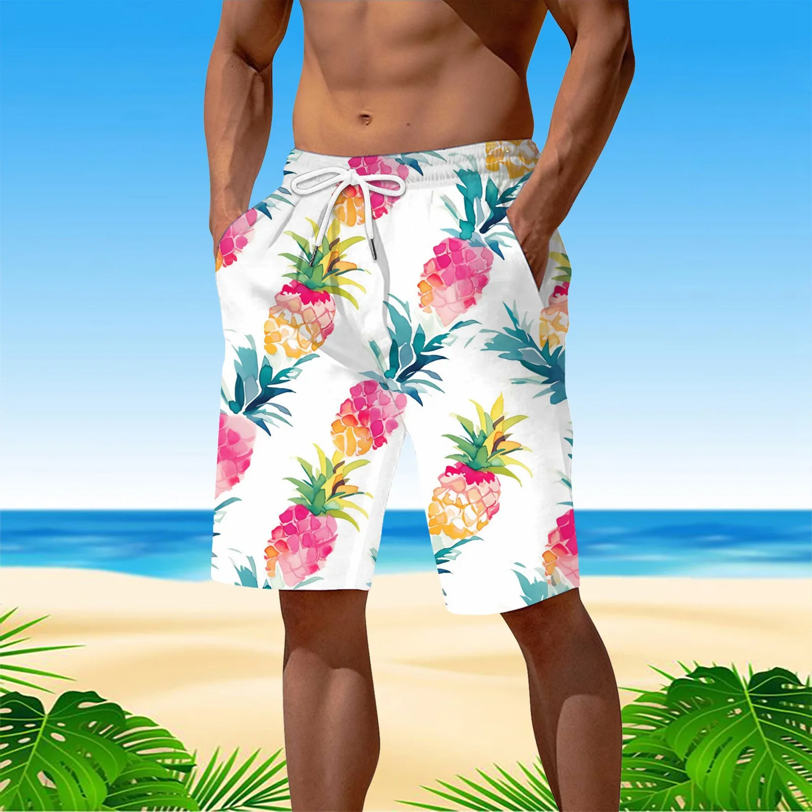 Summer Hawaiian Beach Shorts Quick Drying 3d Printed Palm Motif Swim Trunks Shorts Board Shorts Men Funny Beach Shorts