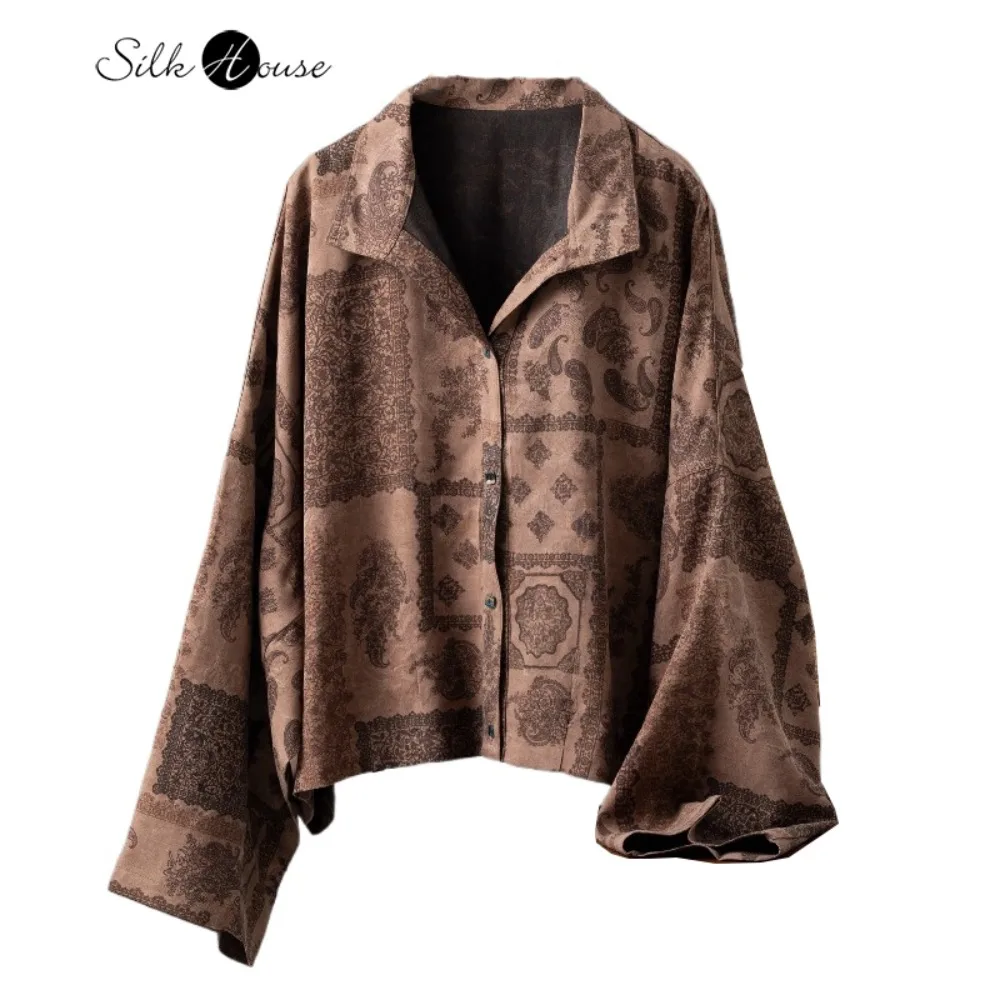 Retro Style 2026 Early Spring New Women's 100% Natural Mulberry Silk Gambiered Guangdong Gauze Jacquard Long Sleeved Jacket