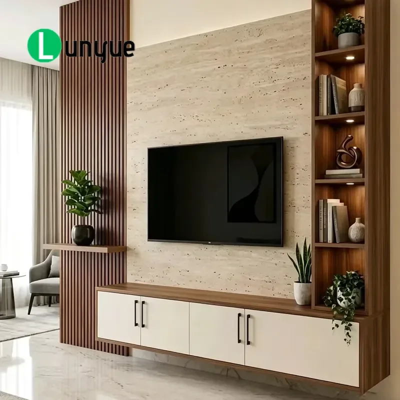 Armário de TV moderno em madeira com faixa de luz LED, aparador longo de parede, móveis personalizados de alta qualidade para sala de estar