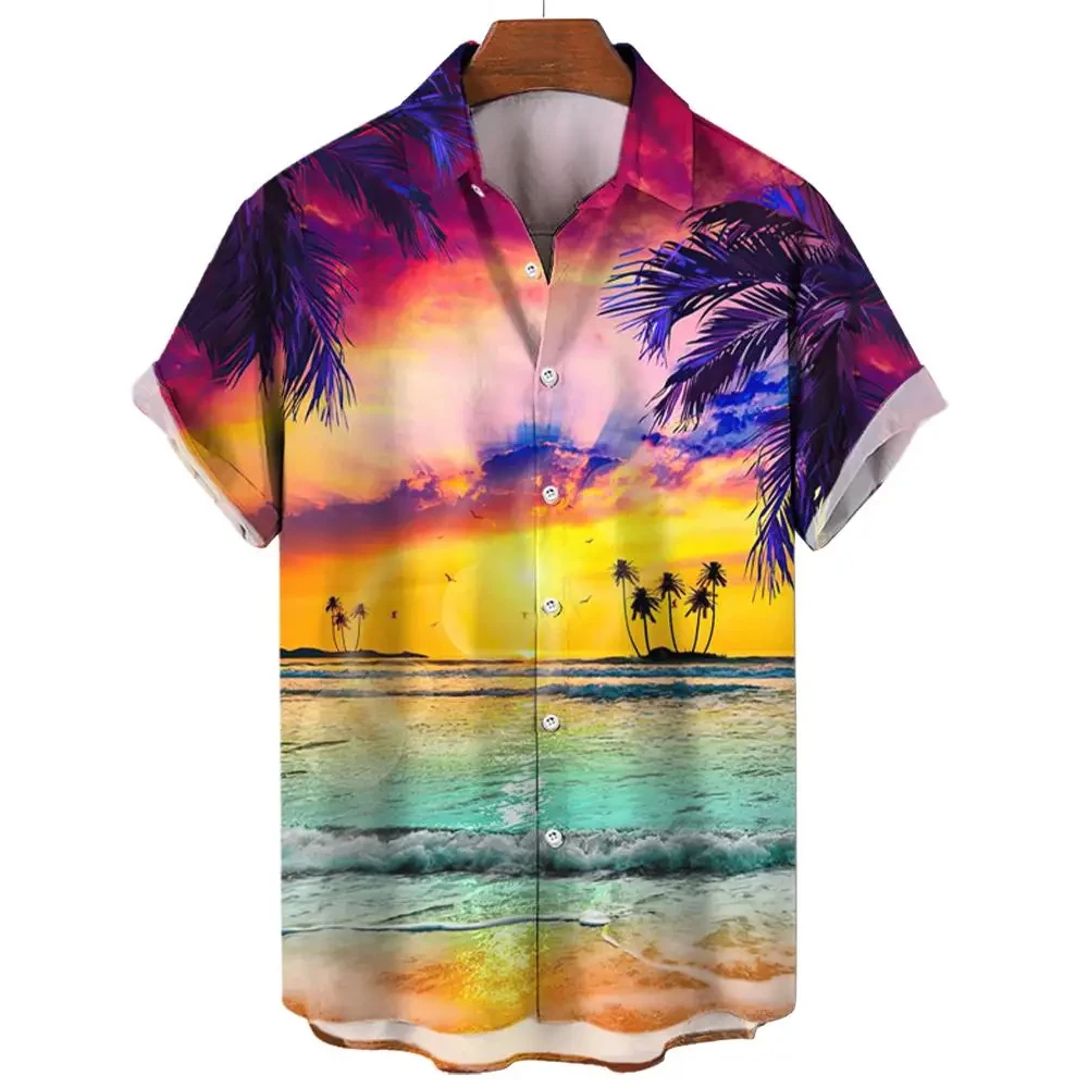 Hawaiian Shirts For Men Loose Fit Tops For Beach Party Men Casual Wear Palm Island View Print Summer Comfortable Wear For Men