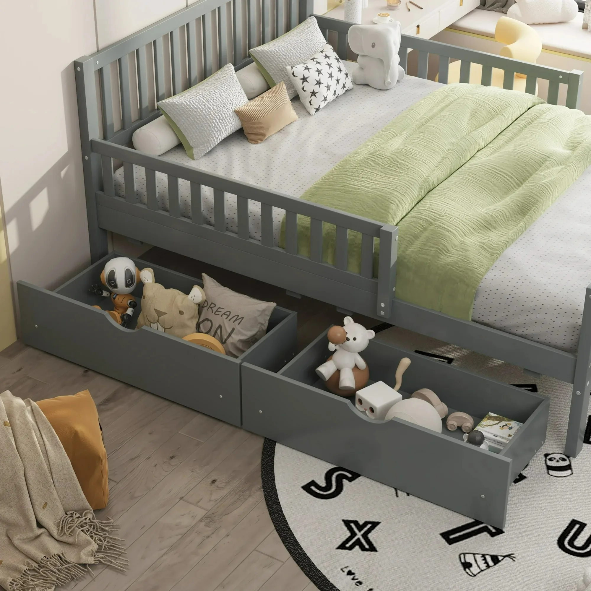 Twin Size Kids Bed with Rails, Wooden Low Beds Frame with Slats Support, Modern Twin Daybed with Detachable Side Rails