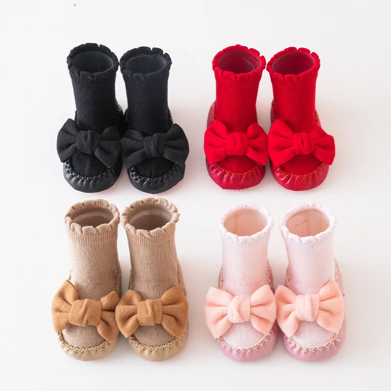 0-2Years Children Socks Autumn Winter New Year Baby Red Bow Lace Sock Boneless Thickened Non Slip Kids Warm Thicken Floor Shoes