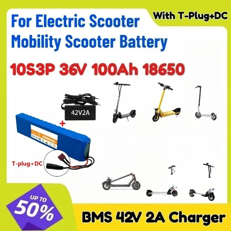With T-Plug+DC 10S3P 36V 100Ah 18650 Lithium Battery BMS 42V 2A Charger for Electric Scooter Mobility Scooter Battery