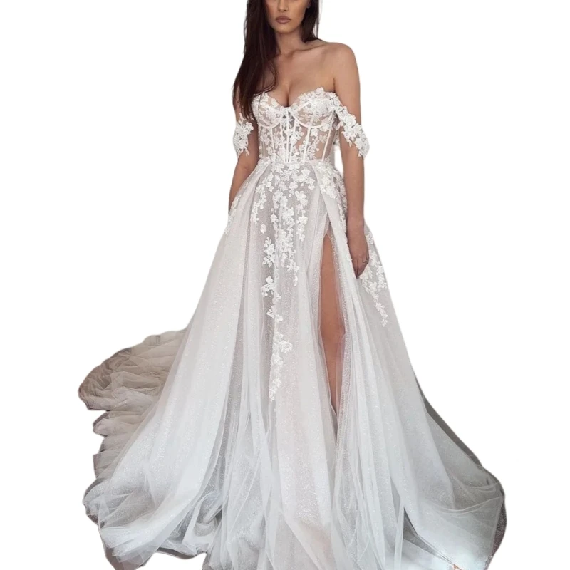 ด้านข้าง High Slit ชุดแต่งงานชายหาดปิดไหล่ A-Line SHINY Sequins Tulle ชุดเจ้าสาวยาว 2025 สุภาพสตรีฤดูร้อน Boho Vestido De