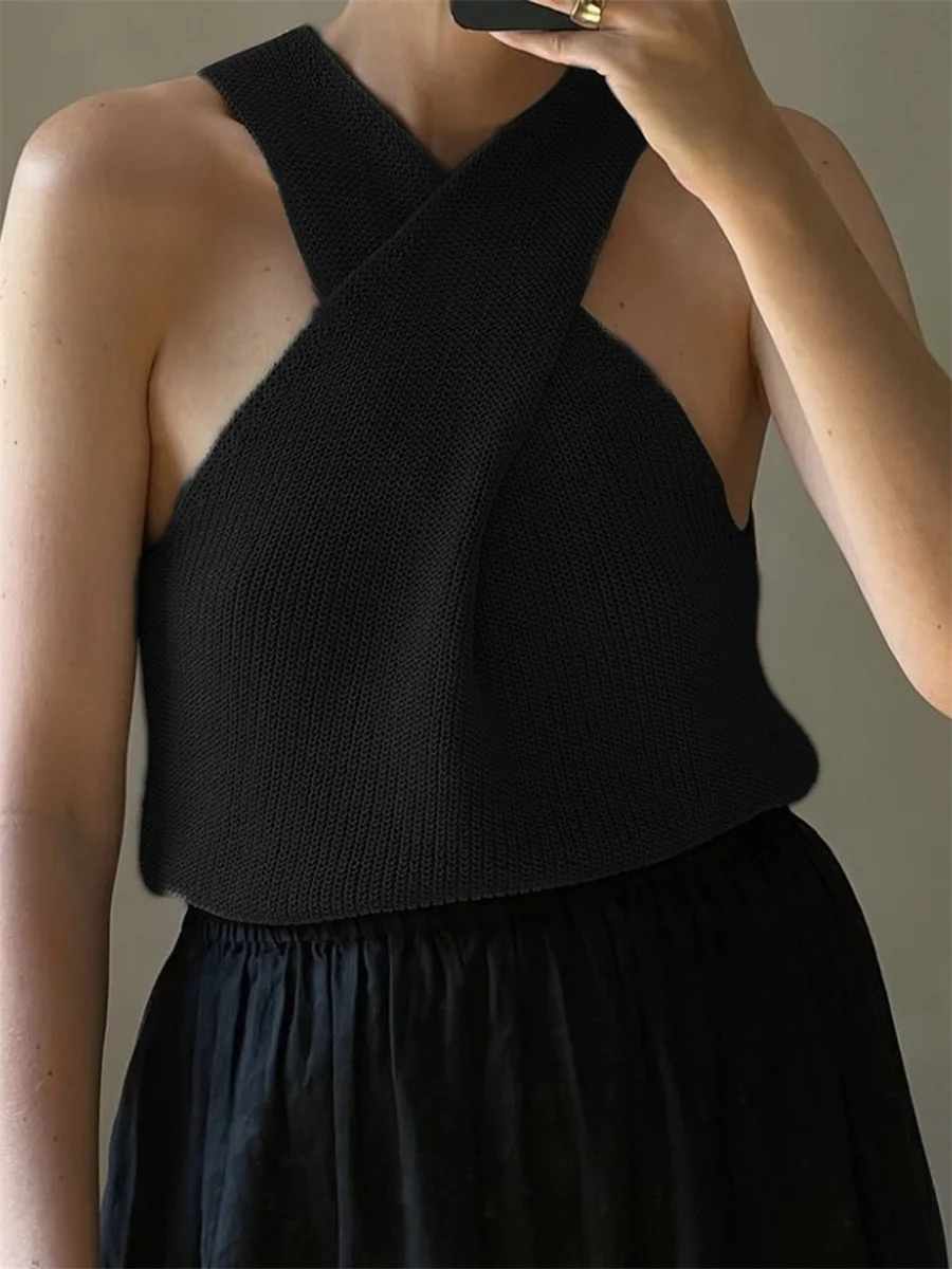 

Women's Summer Knit Tank Tops Solid Color Sleeveless Cross Front Slim Sweater Vest Streetwear