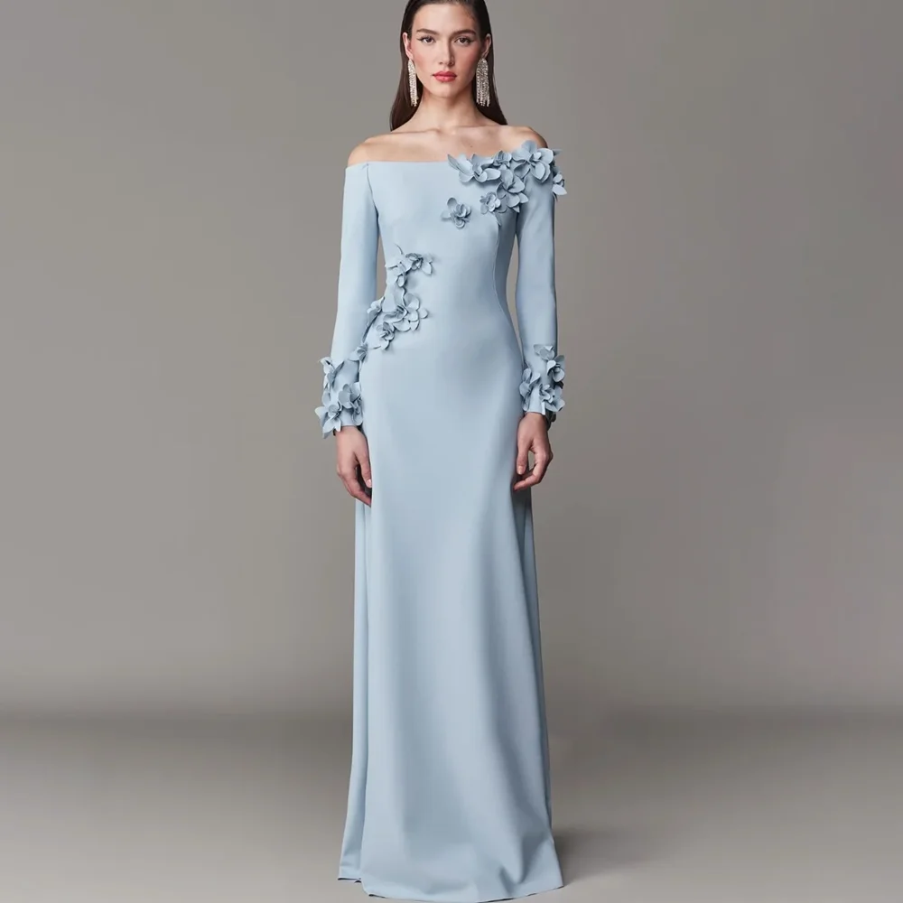 Blue 3D Flowers Evening Dresses Fashion Strapless Long Sleeves Straight Prom Gowns Elegant Floor Length Wedding Party Dresses