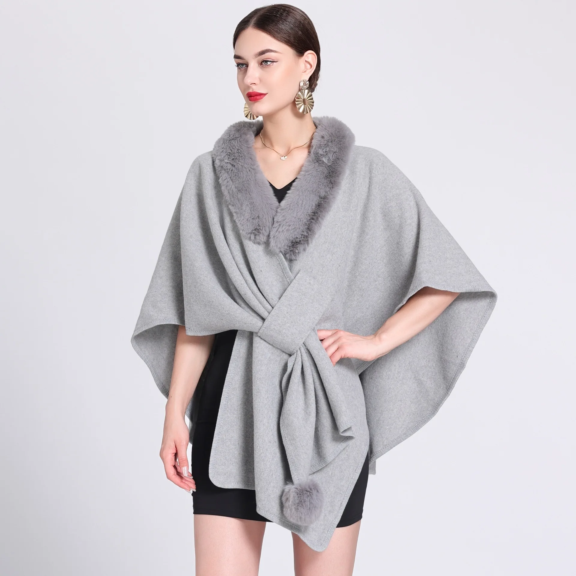 

12 Colors Women Winter Thick Shawl Cappa Faux Fur Neck Criss-Cross Belt Woolen Outstreet Poncho Wear Batwing Loose Overcoat