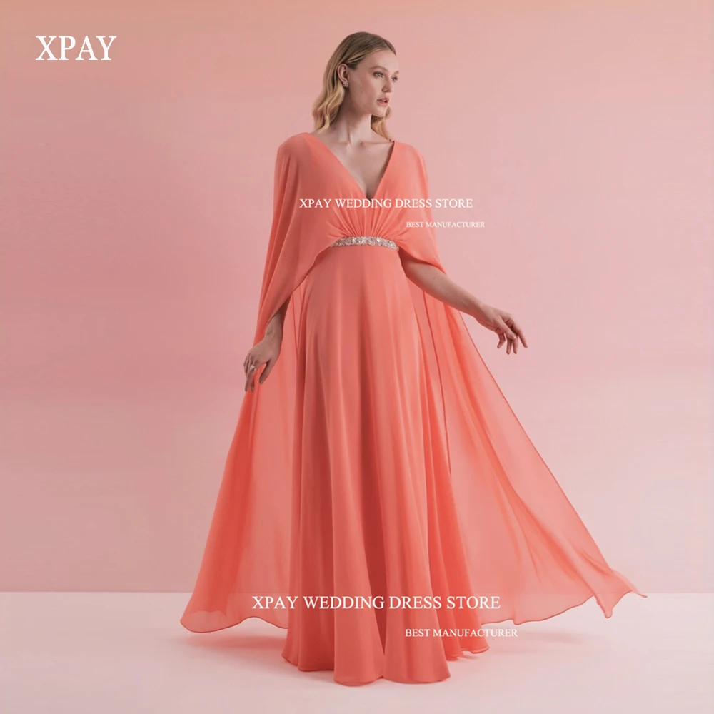 

XPAY Elegant V-Neck Party Dresses Chiffon Shawl Sleeves Floor-Length Belt Dubai Arabia Women Evening Dresses Formal Prom gowns