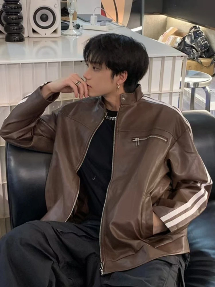 

American Retro PU Leather Jacket Oversized Silhouette Unisex Spring Fall High End Vintage Square Shoulder Niche Design​