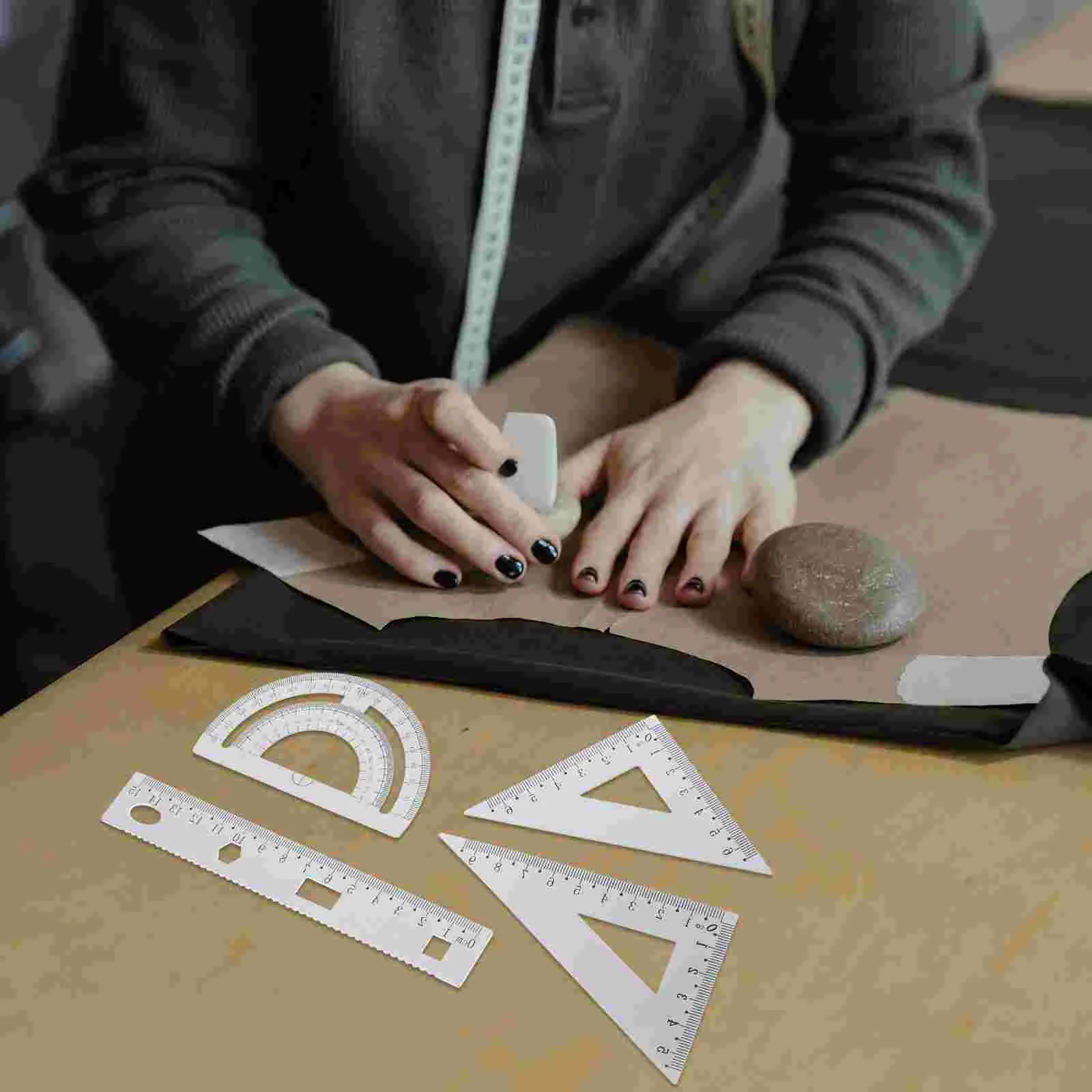 Ensemble de règles triangulaires en métal pour élève, plaque triangulaire, rapporteur, test, bricolage, bureau, robuste, 4 pièces, 1 ensemble