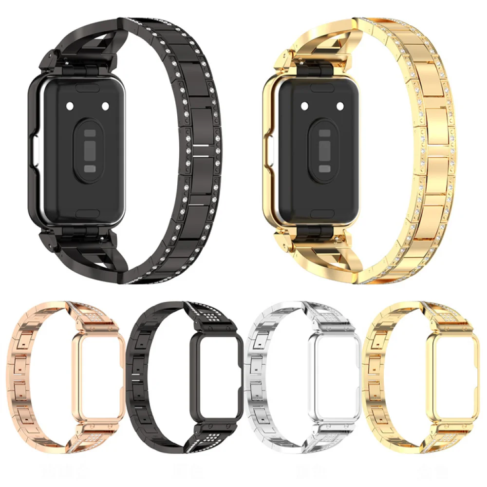 

1pc Stone-studded Central Link Metal Strap+Screen Protective Frame for Samsung Galaxy fit3 SM-R390 Watch Bracelet