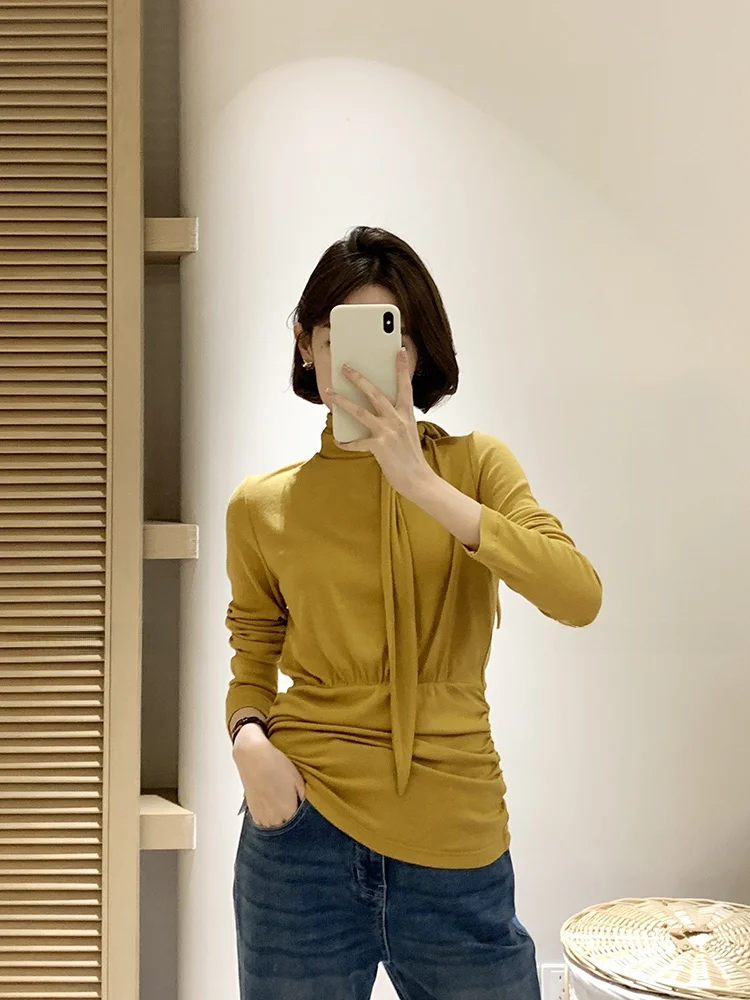 

ARE GuaGua High Collar Long Sve Women's Slim Fit Base irt Textured Design Waist Cinching Top Casual Sle Cotton Blend