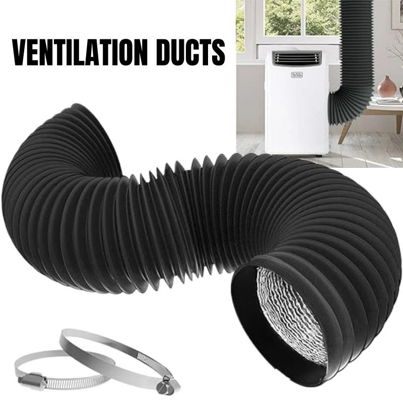 Black Flexible Air Duct Hose Insulated Aluminum Foil Exhaust Pipe Dryer Vent Tube Duty Ventilation Duct with Clamps for HVAC