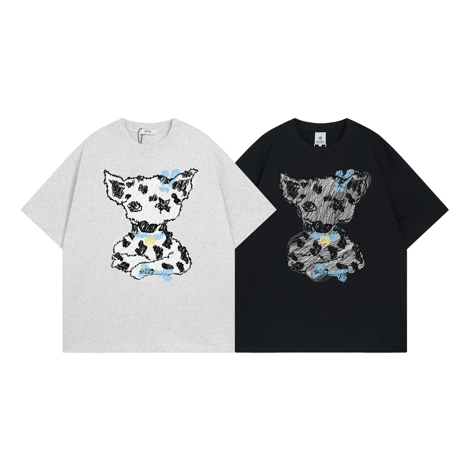 

New Fashion T-shirts Man Y2k Streetwear Cat Graffiti Graphic Tees Summer Couple Casual O-neck Short Sleeve Tops T Shirts Male
