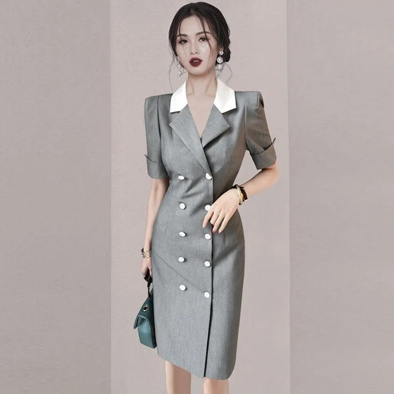 

High End Professional Temperament Slim Fitting Buttocks Skirt 2023 Early Summer New Women's Double Breasted Suit Dress Elegant