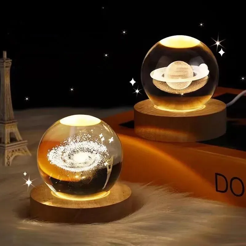 6/8cm 3D Crystal Ball Solar System LED Night Light, Planet Moon Astronaut Engraved Globe with Base for Home Desk Decor