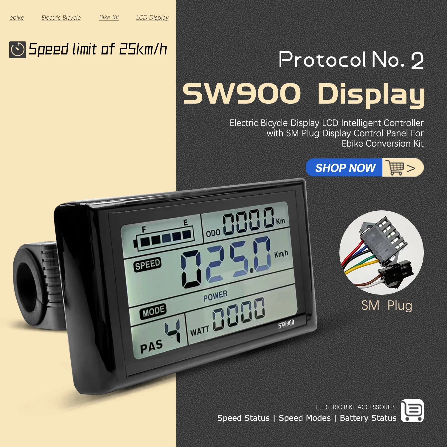 

Electric Bike SW900 LCD Display 24V-72V 5PIN+2PIN SM Plug With Speed Limit Function For Electric Bike Computer Ebike Accessories