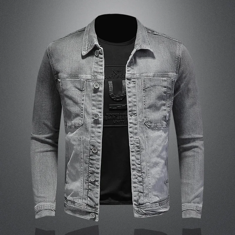 

Smoke Gray Elastic Denim Jacket Men Spring Autumn Single Breasted Slim Fit Jeans For Large Size S-5XL Biker