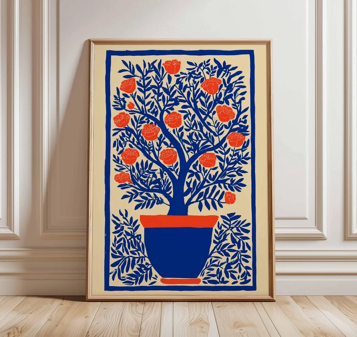 Bold Floral Wall Art Print, Modern Botanical Poster, Vibrant Plant Illustration, Contemporary Blue and Orange Artwork, Minimalis